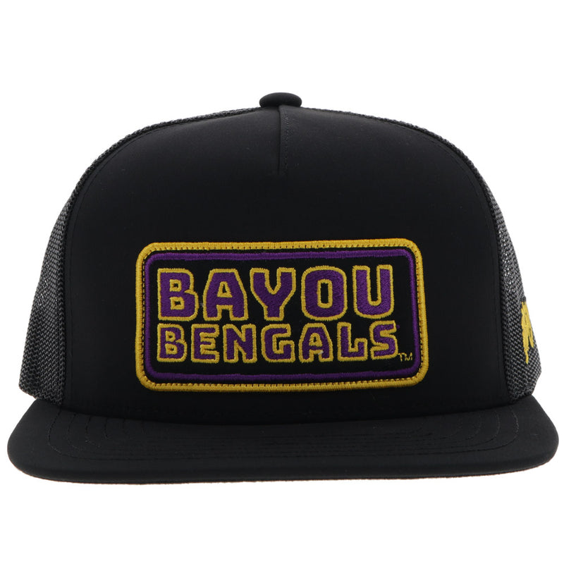 front of black Bayou Bangles hat with black, purple, gold embroidered patch