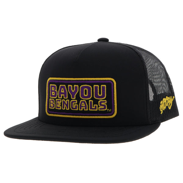 Bayou Bangles x Hooey hat in black with black, purple, gold embroidered patch on front