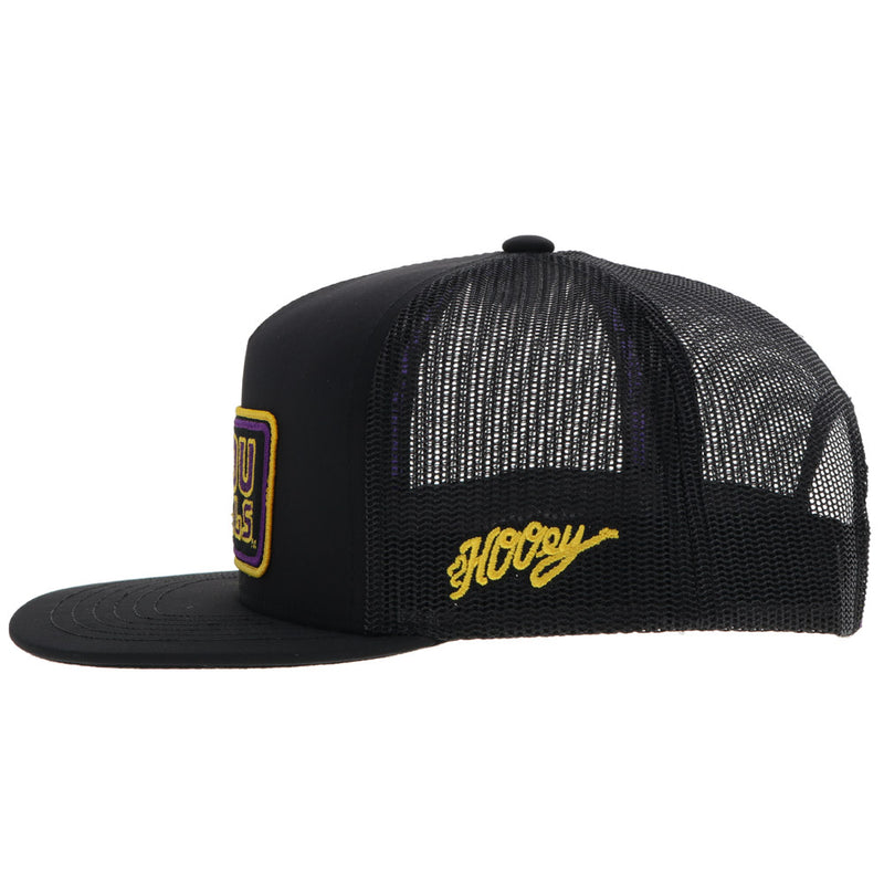 left side view of black bayou bangles hat with gold Hooey rope logo