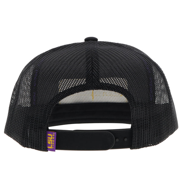 back of Bayour Bangles hat in black with black mesh and snap bands and purple LSU tag