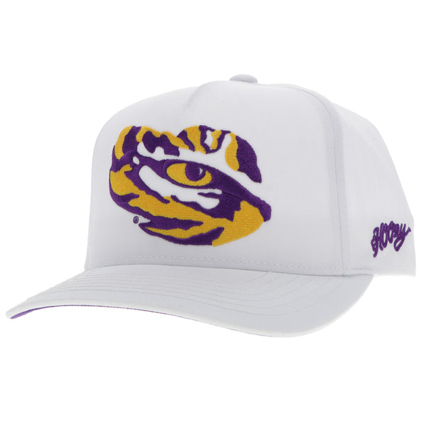LSU x Hooey Bangles eye hat in all white with purple and gold Bangles Eye swirl patch