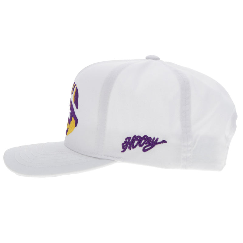 left side view of the all white bangles eye hat with purple Hooey rope logo