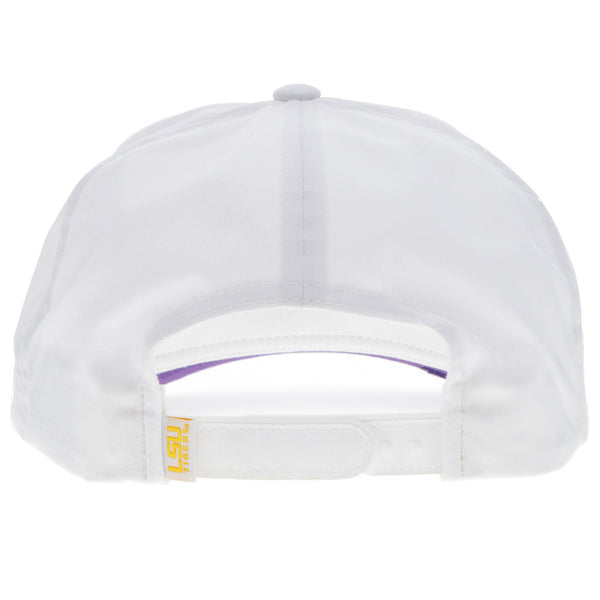 back of the all white bangles eye hat with gold and white LSU tag