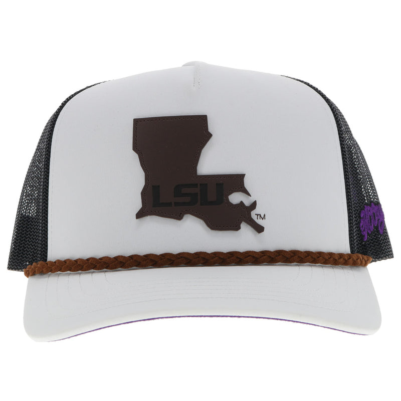 front of LSU white and black hat with Louisiana shaped leather patch and brown leather rope detail