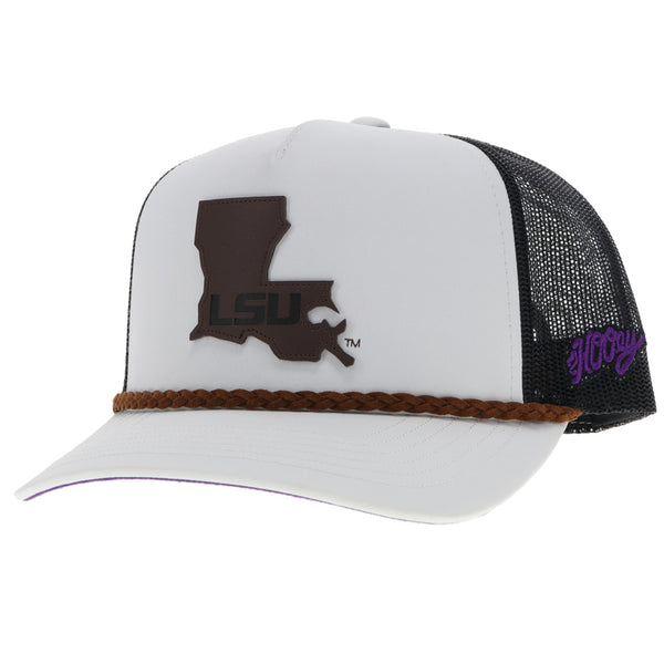 white and black Hooey x LSU hat with leather Louisiana shaped patch featuring LSU stamped diagonally across and rope detail on crease 