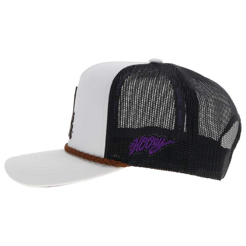 left side of the white and black LSU hat with purple Hooey logo and brown leather rope detail