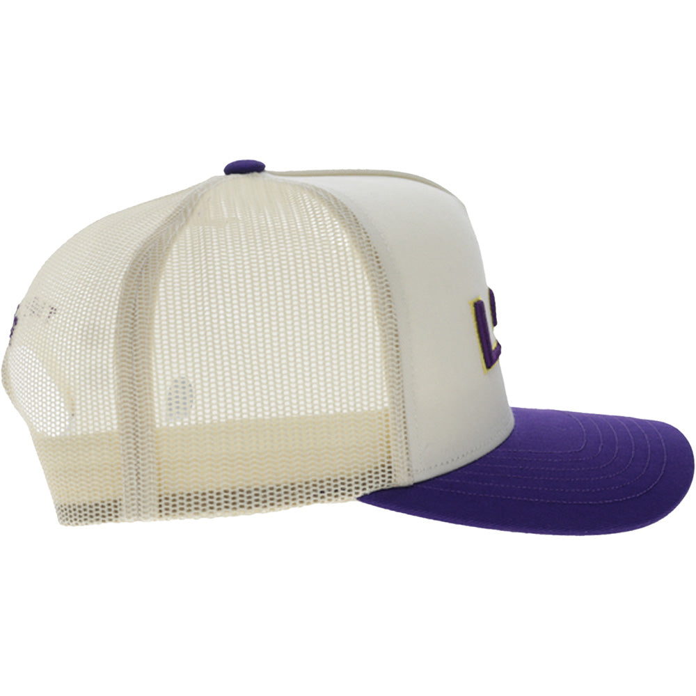 Louisiana State University 5-Panel Trucker Snapback Hat Cream/Purple