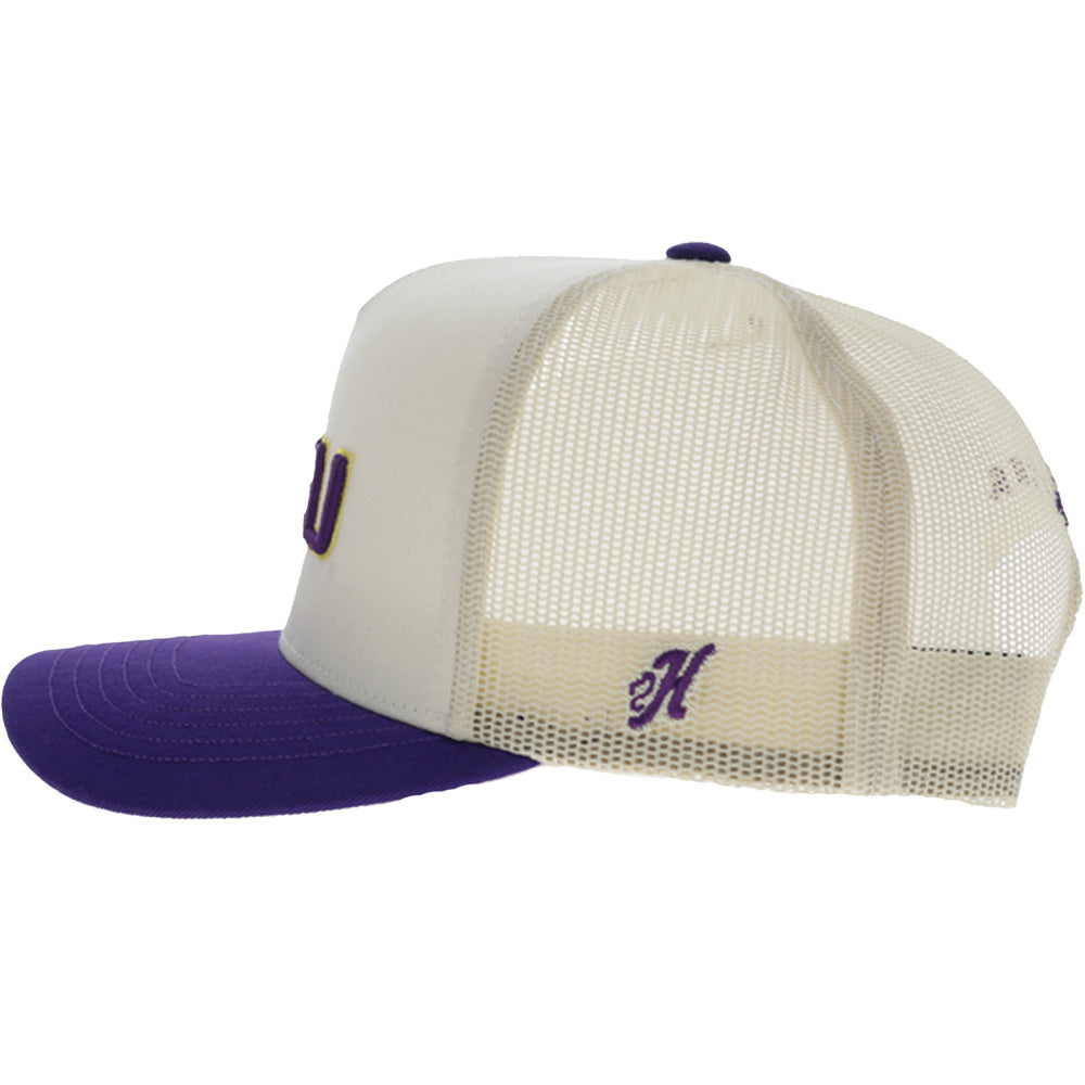 Louisiana State University 5-Panel Trucker Snapback Hat Cream/Purple
