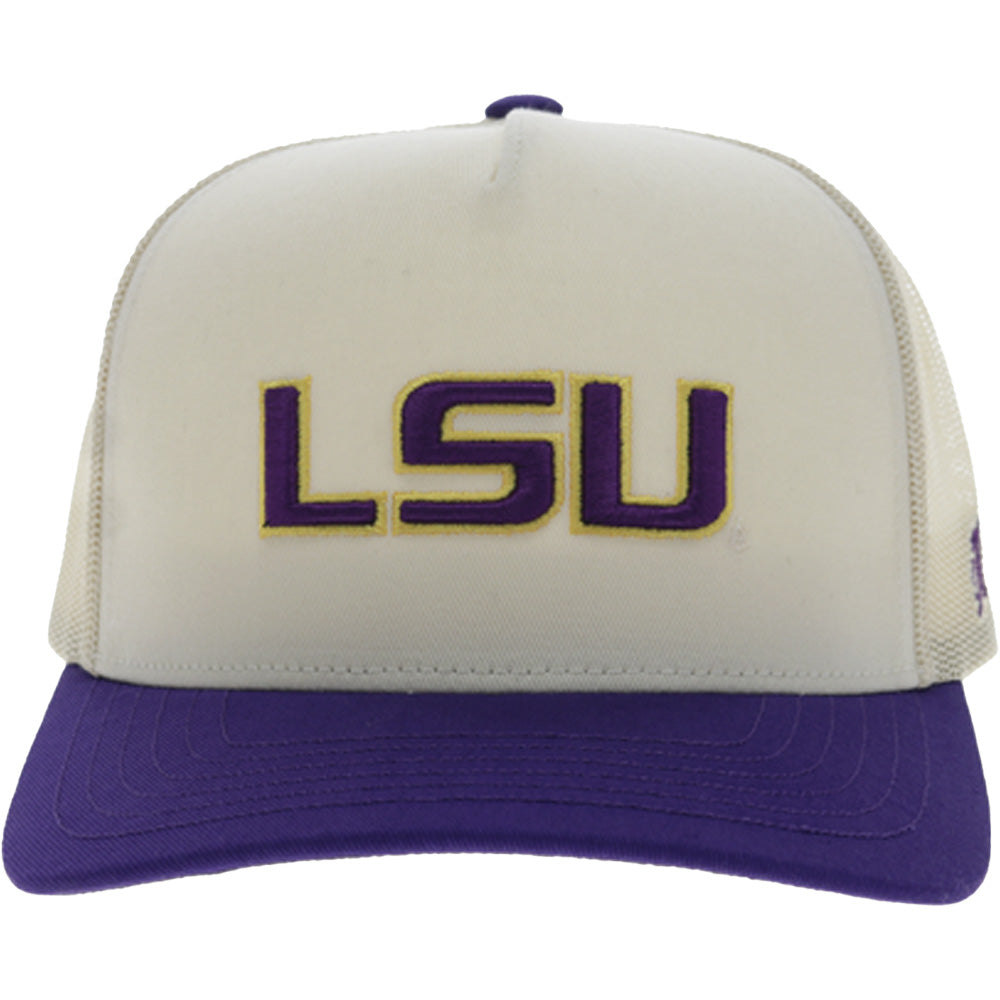Louisiana State University 5-Panel Trucker Snapback Hat Cream/Purple