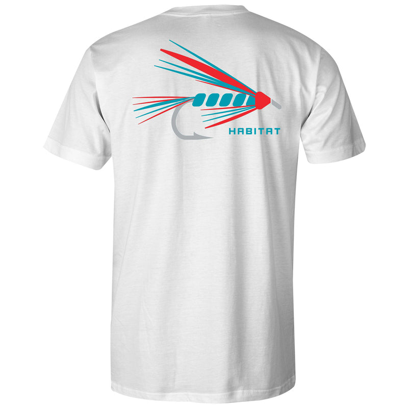 white tee with blue and white Habitat fishing lure on the back
