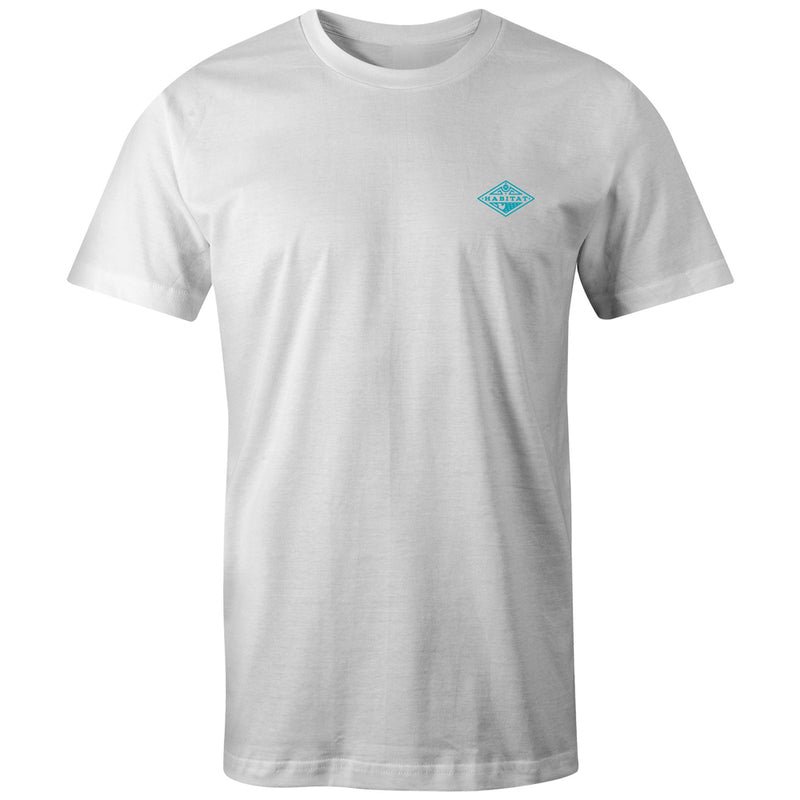 white tee with small, blue Habitiat logo on the collar