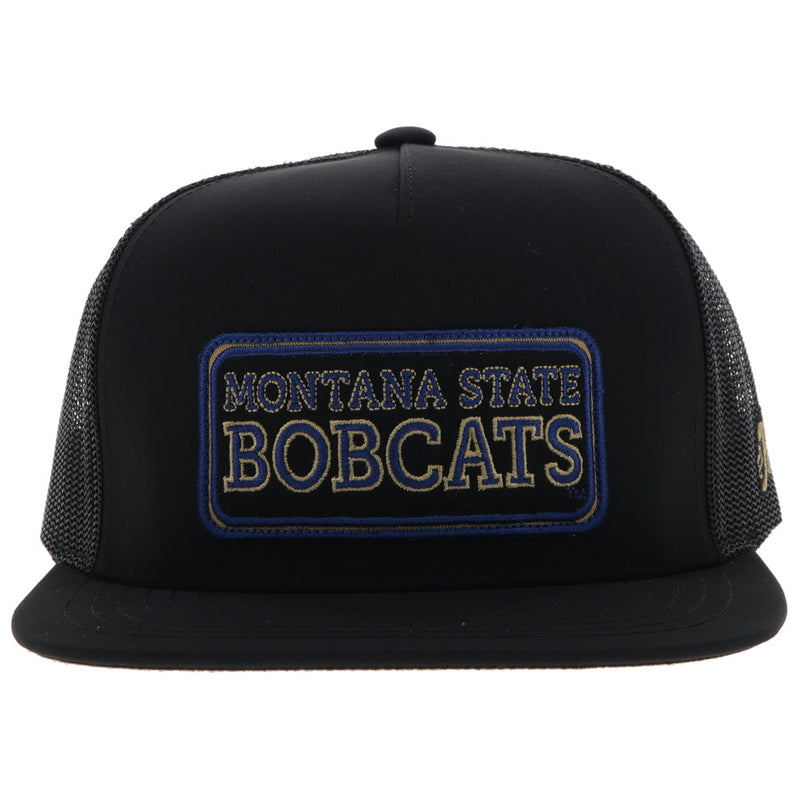 front of black Montana State Bobcats hat with black, blue, gold embroidered patch