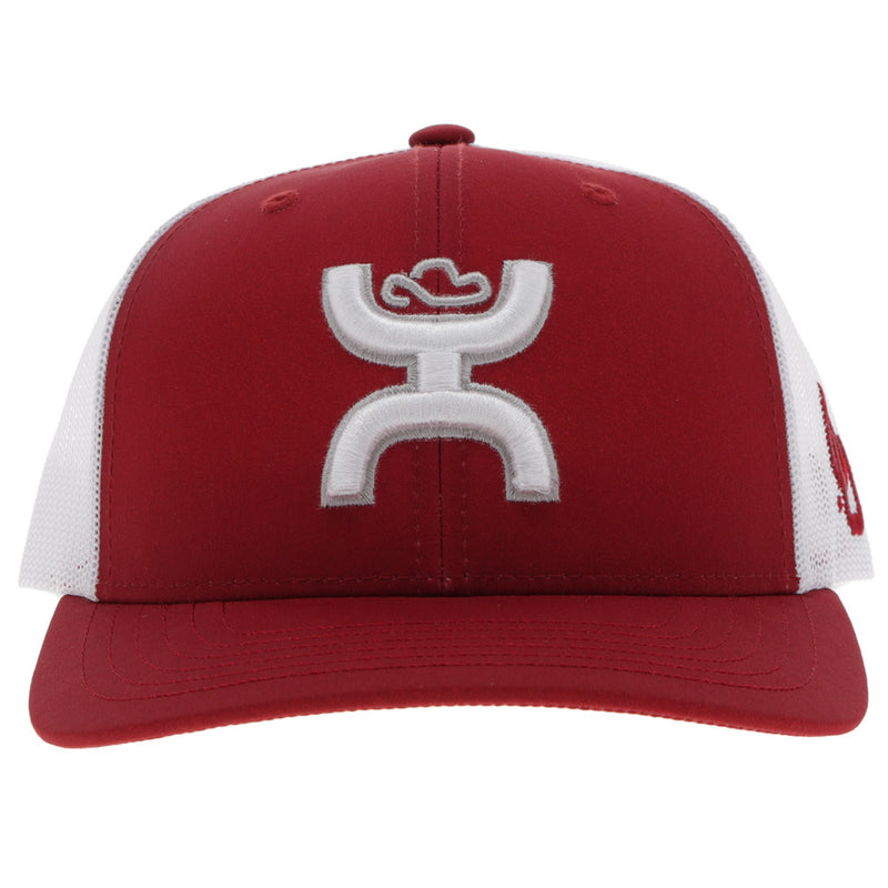 front of red and white OU x Hooey hat with white Hooey logo