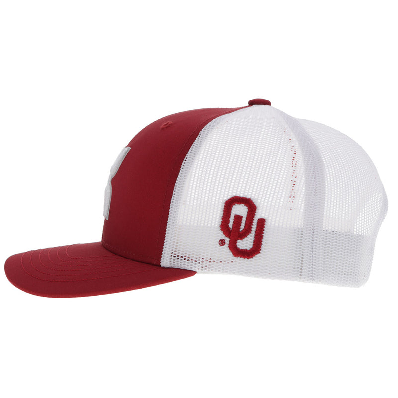 left side view of the red ad white OU x Hooey hat with red OU logo