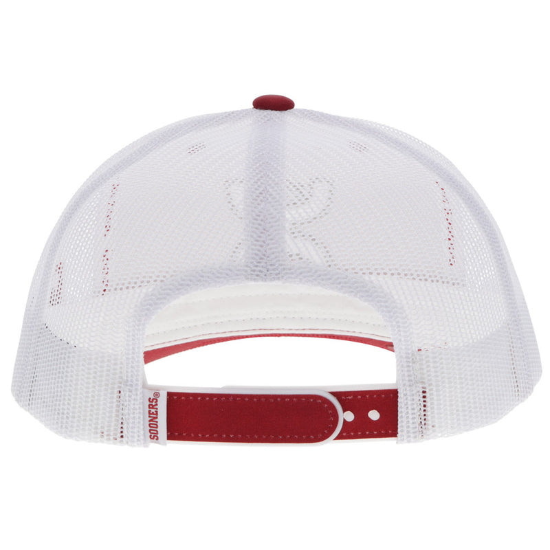 back of the red and white OU x Hooey hat with white mesh and red and white snap bands
