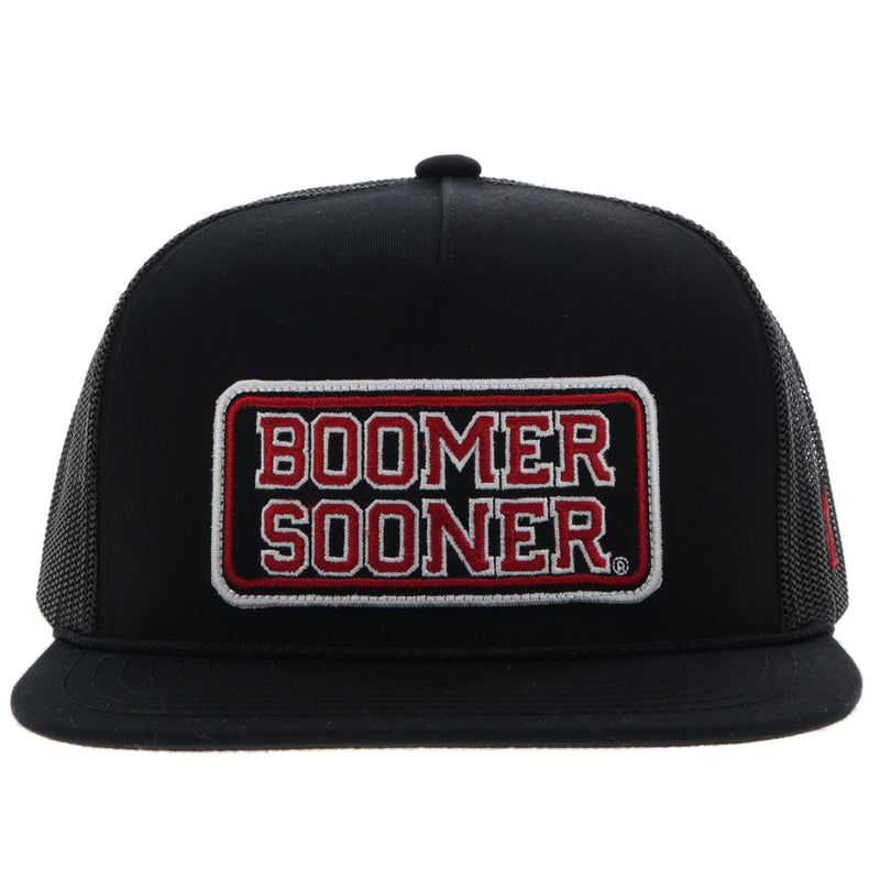 front of black Boomer Sooner hat with red, black, white embroidered Boomer Sooner patch