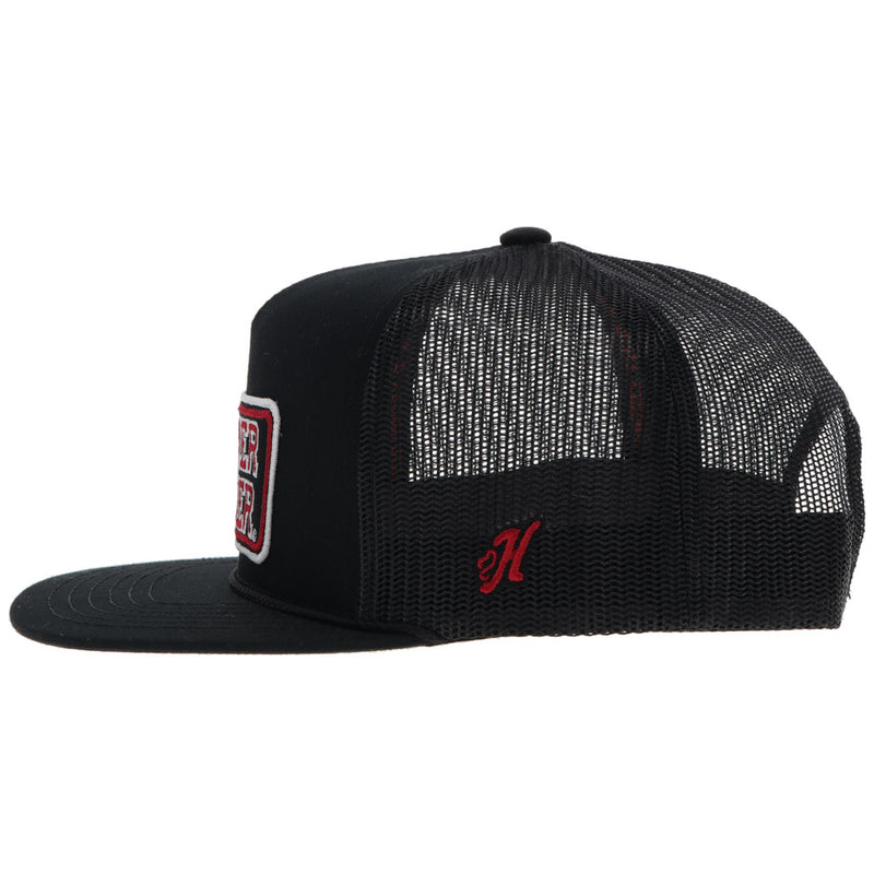left side of black Boomer Sooner hat with red H logo