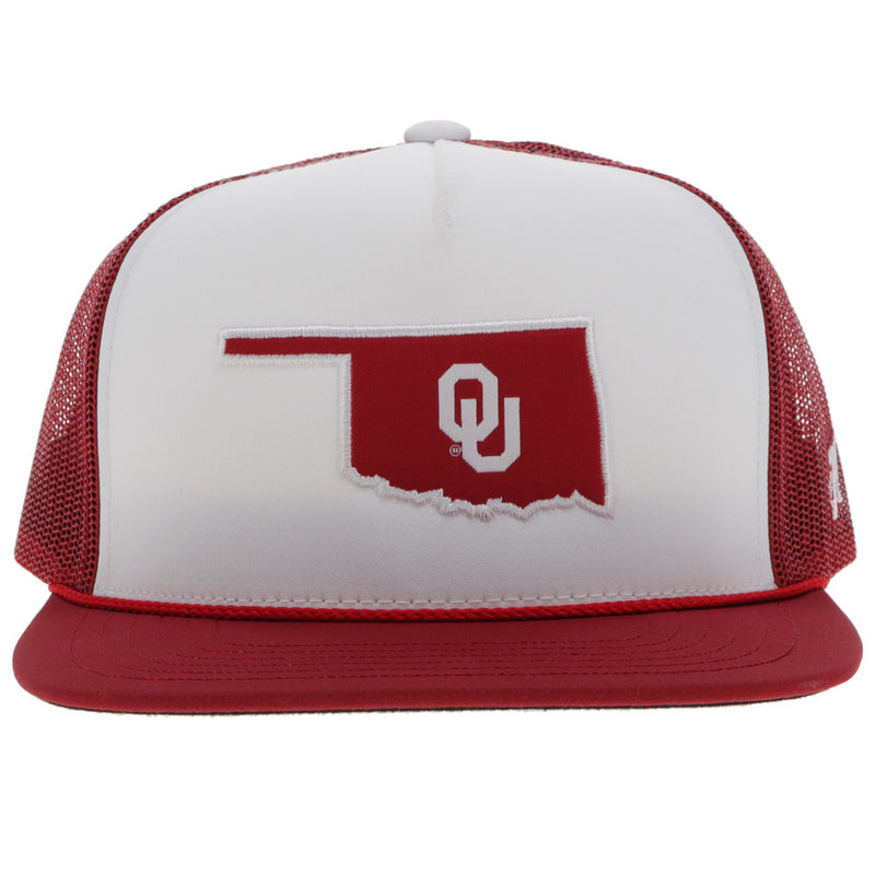 front of red and white OU hat with red mesh and bill and white front panel and red Oklahoma shaped patch with white OU logo in the center