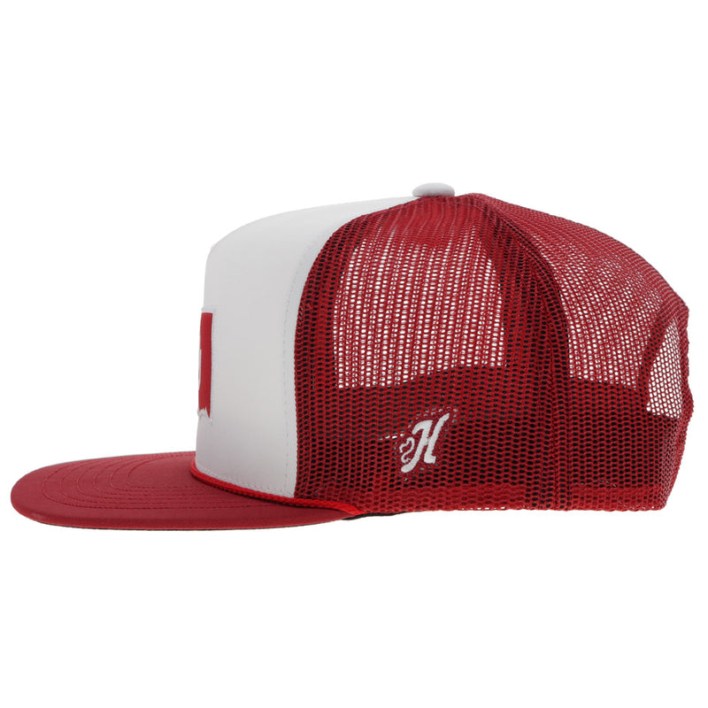 left side of red and white sooners hat with red mesh and white H logo