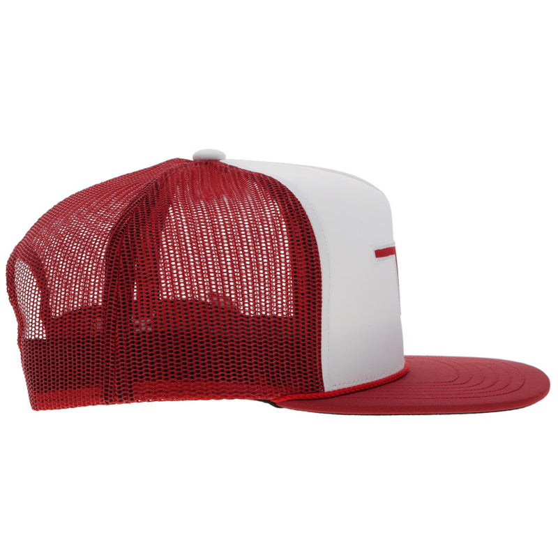 right side of the red and white OU hat with red mesh and bill and white front panel
