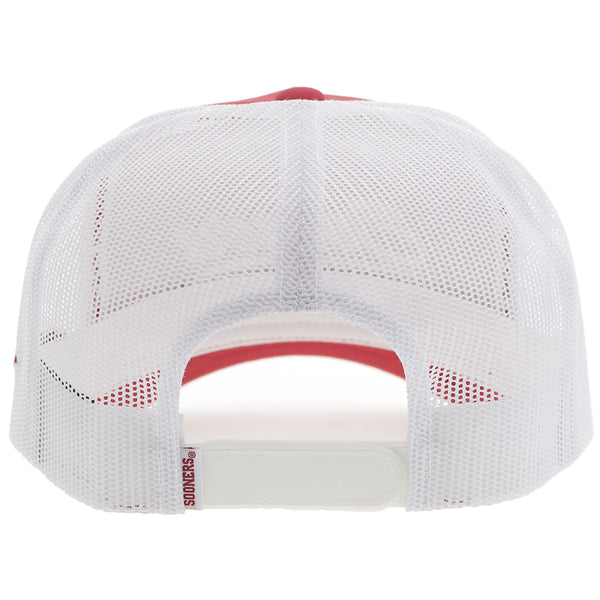the back of the red and white hat with white mesh and "Sooners" red and white tag