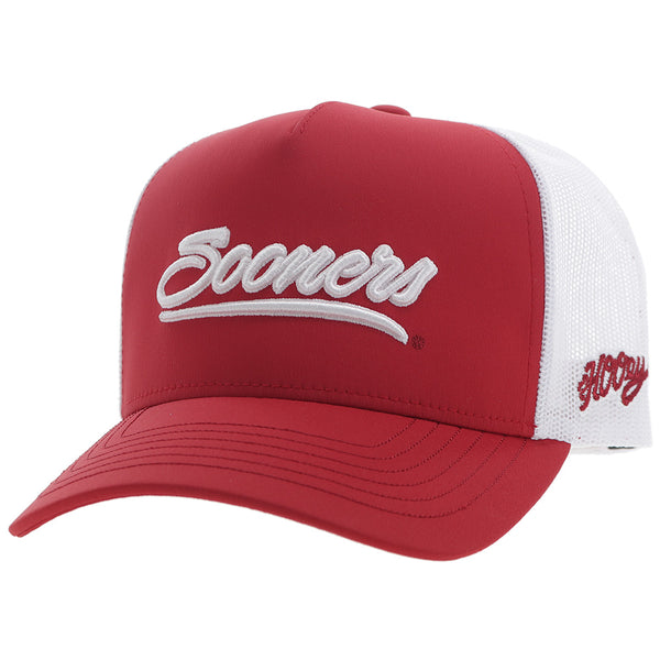 red and white sooners x Hooey hat with Sooners embossed patch in white