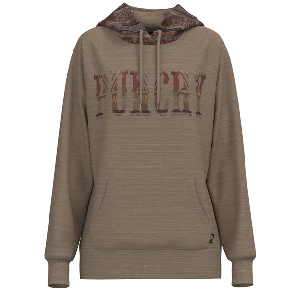 punch heather an hoody with brown, tan, grey pattern on hood and text