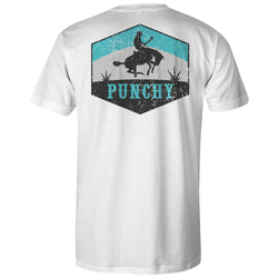white Punchy t-shirt with blue, white, and black logo
