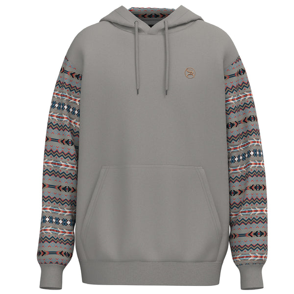 Roughy Summit grey hoody with red, tan, white, blue, black Aztec pattern on sleeve and hood lining