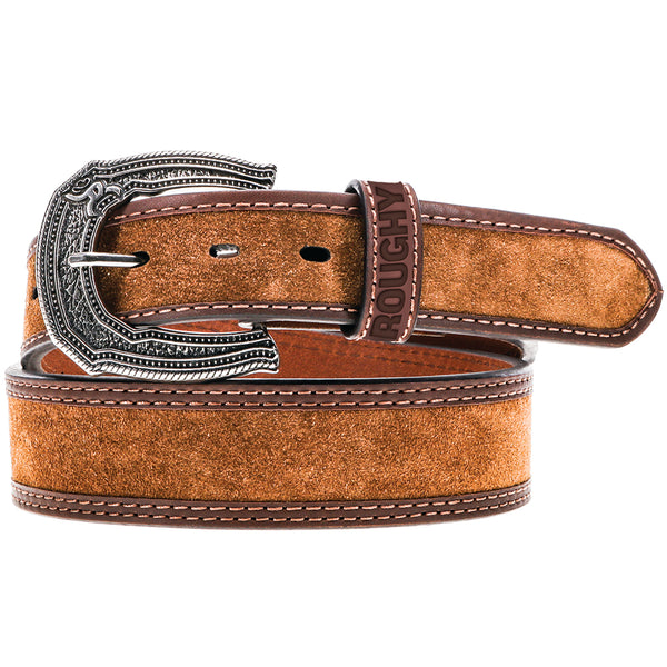 light brown leather belt with dark brown trim and silver buckle