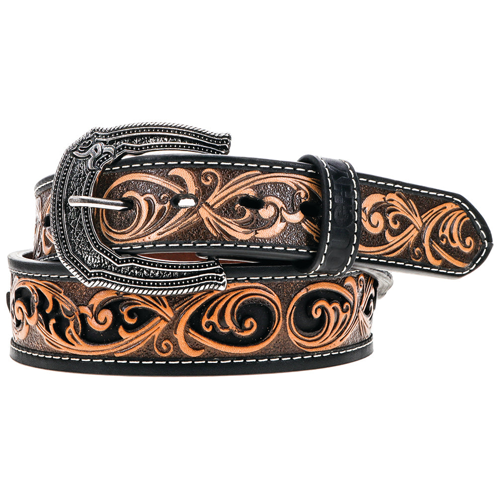 black, brown, and tan leather work belt with silver buckle