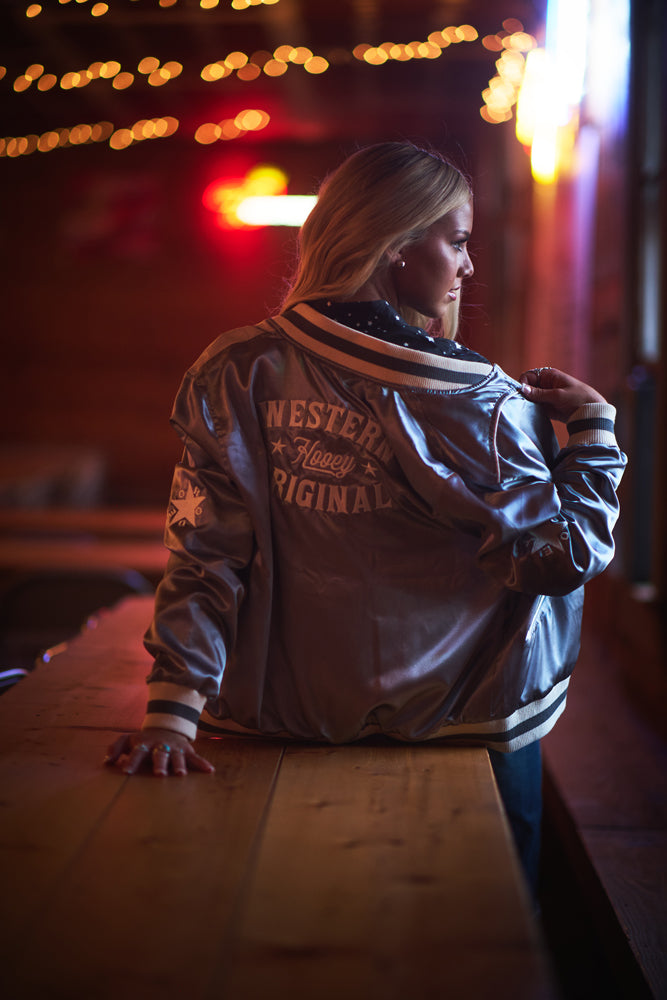 "Big Sky" Grey Metallic w/White Bomber Jacket