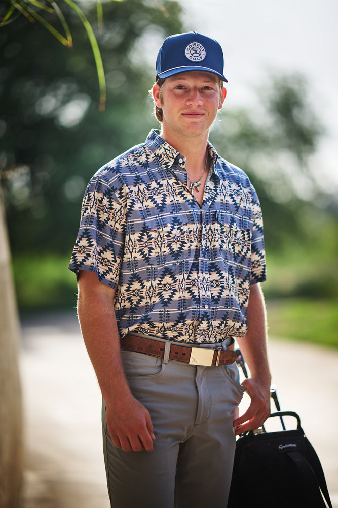 "Sol" Blue/Aztec Short Sleeve Pearl Snap Shirt