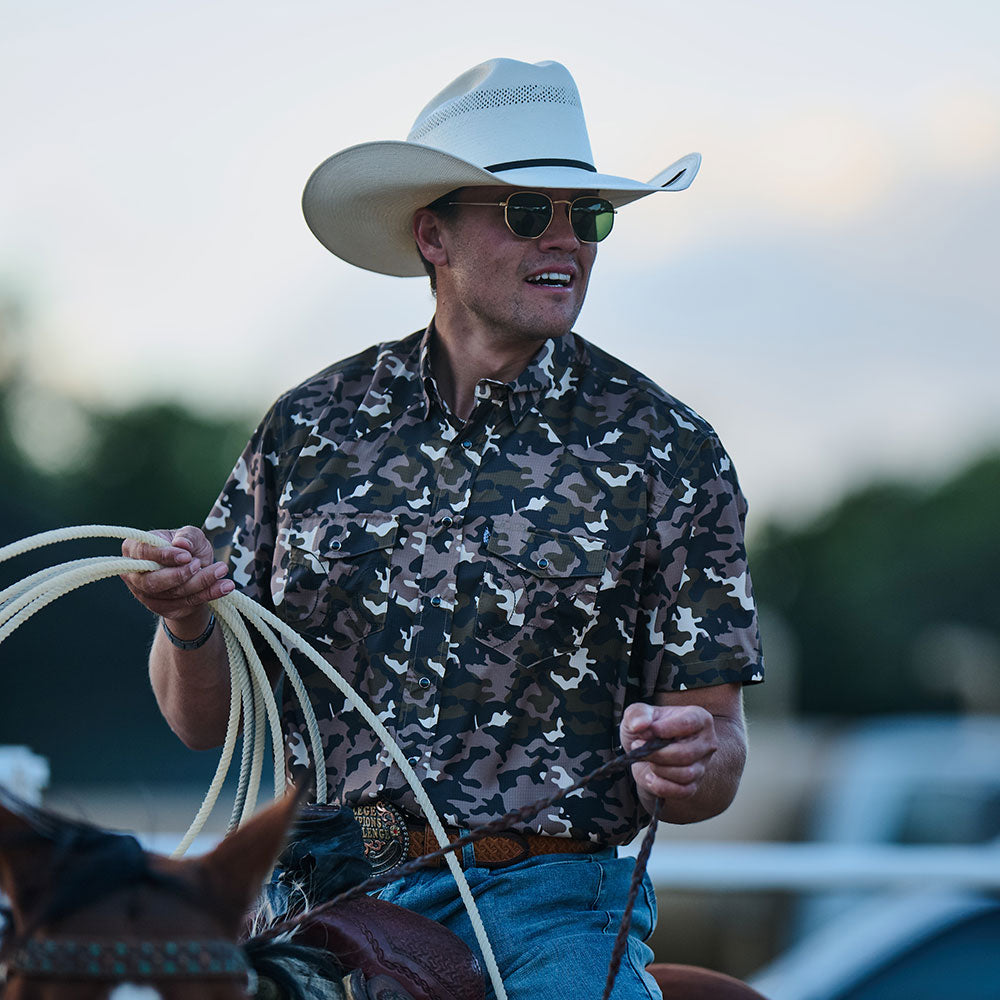 "Sol" Camo Short Sleeve Pearl Snap Shirt