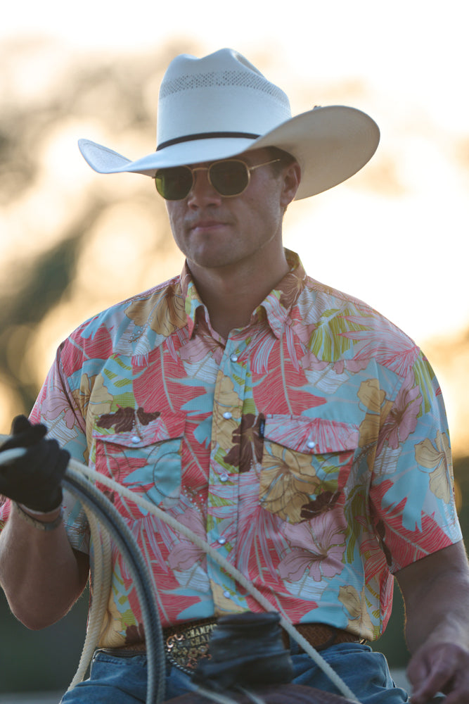 "Sol" Multi Color Floral Short Sleeve Pearl Snap Shirt