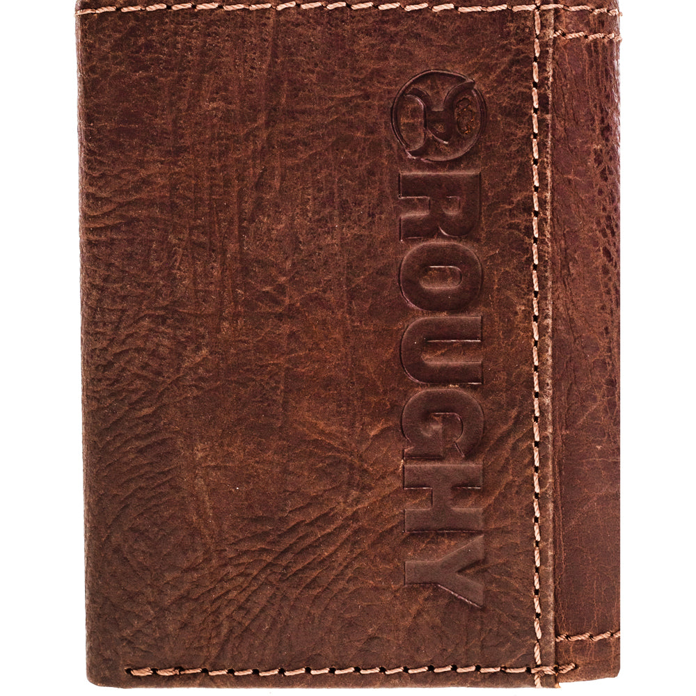 back of dark brown Hooey wallet with logo stamp