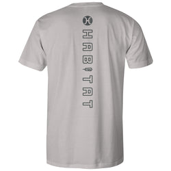 grey tee with black Habitat wording down the center of the back