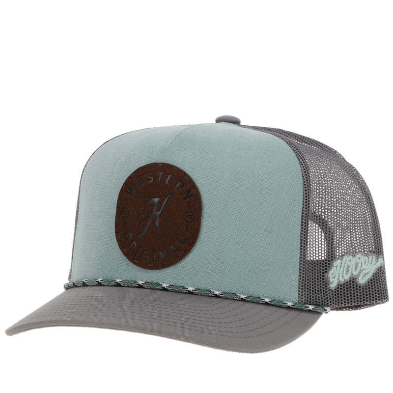 denim and grey Hooey Original hat with brown leather patch and multi colored rope detail