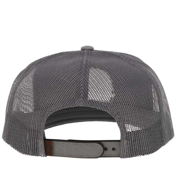 back of hooey hat with black mesh and grey snap bands