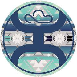 navy blue, teal, white, and grey, Aztec pattern Hooey logo