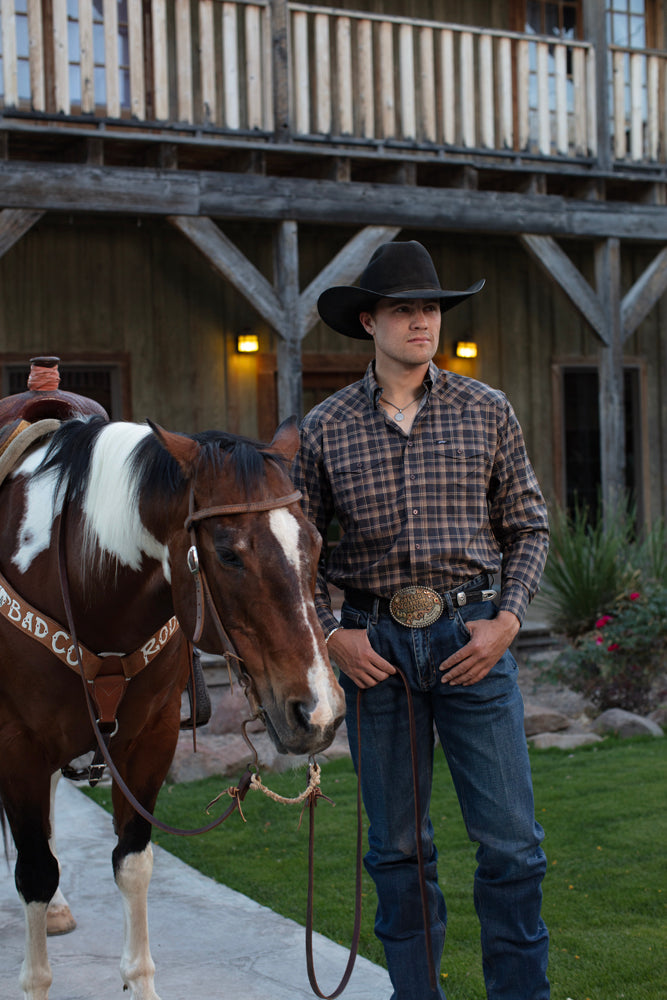 Maverick Long Sleeve Button Up Shirt Black/Brown Plaid