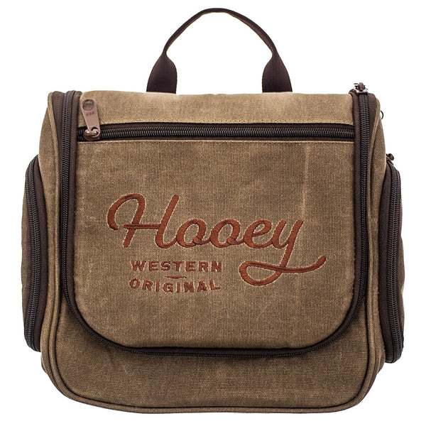 front of heather brown bag with dark brown zipper and handle with medium brown Hooey Western Original logo on front