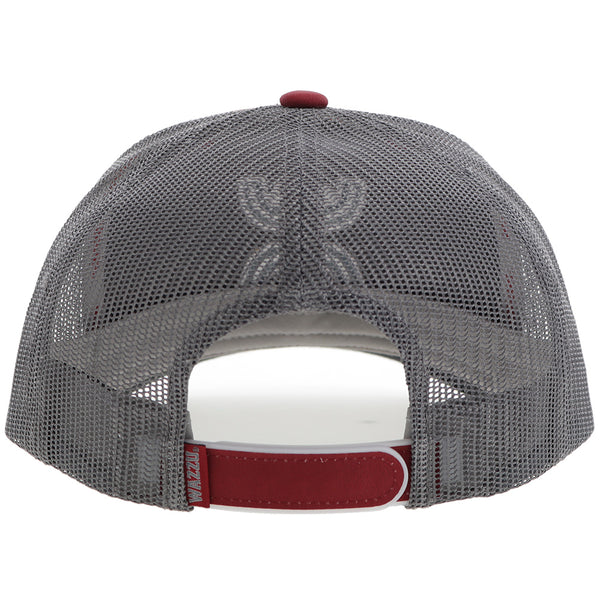 back of hooey hat with grey mesh and burgundy snap band