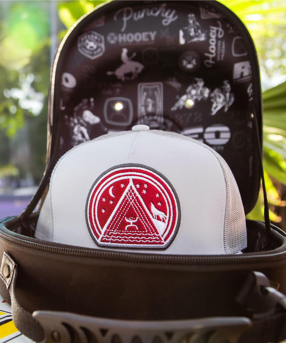 black RODEO pattern lining and red and white Hooey hat