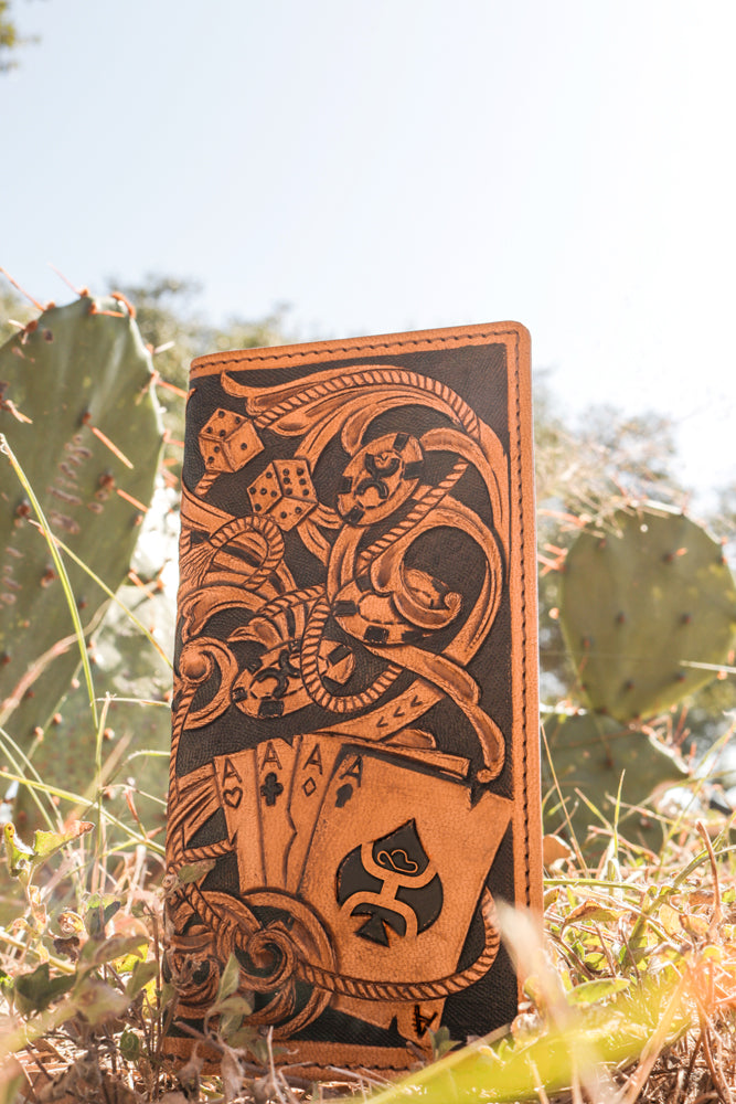 "Gambler" Tan Playing Card Embossed Rodeo Wallet