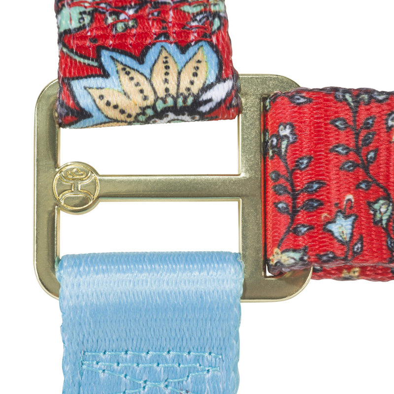 Close-up of the buckle on the western floral pet walking harness