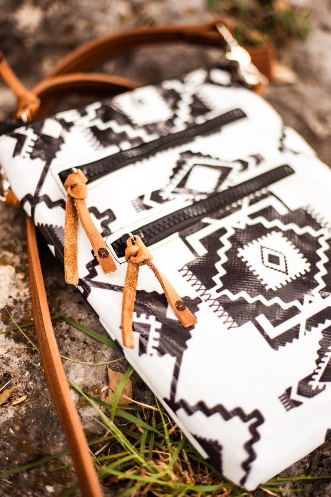 back of black and white Aztec pattern cross body