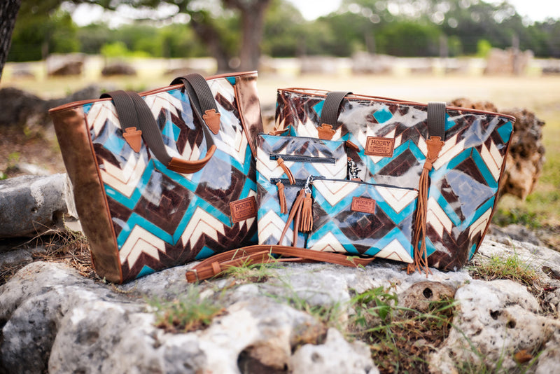 brown, teal, white chevron hand bag collection