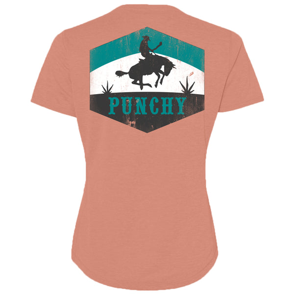 back of peach, punchy, women's tee with turquoise, white, and black Punch artwork logo across center of back