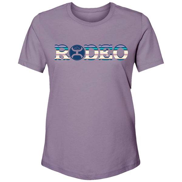 purple rodeo, women's tee with purple, blue, and white Rodeo striped logo